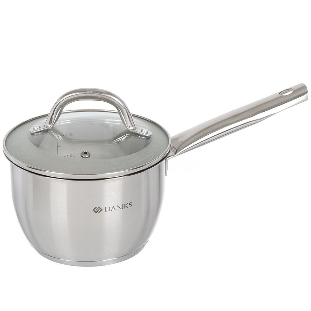 Ковш нерж, 2 л, крышка стекло, ручка нержавеющая сталь, индукц, Daniks, Перл, GS-01205-16S