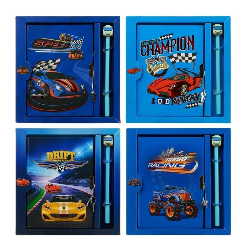 Блокнот детский Basir на замке, с ручкой, формат А6, серия "Машины", переплет 7БЦ, 18*13 см, 48 листов, ассорти