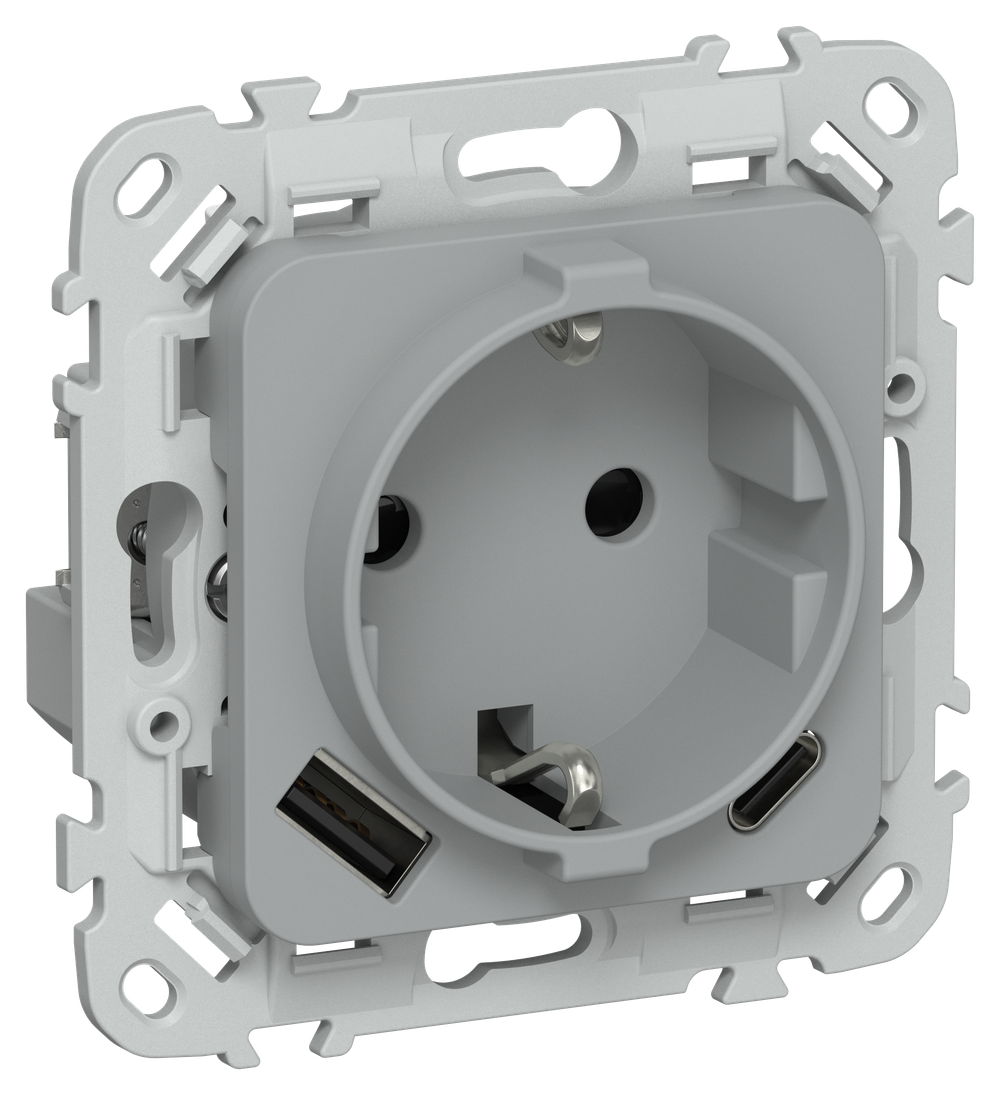 FLITE Розетка 1-местная с заземлением с защитными шторками 16А с USB A+C 20Вт РСЮшс11-0-ФлС серый IEK