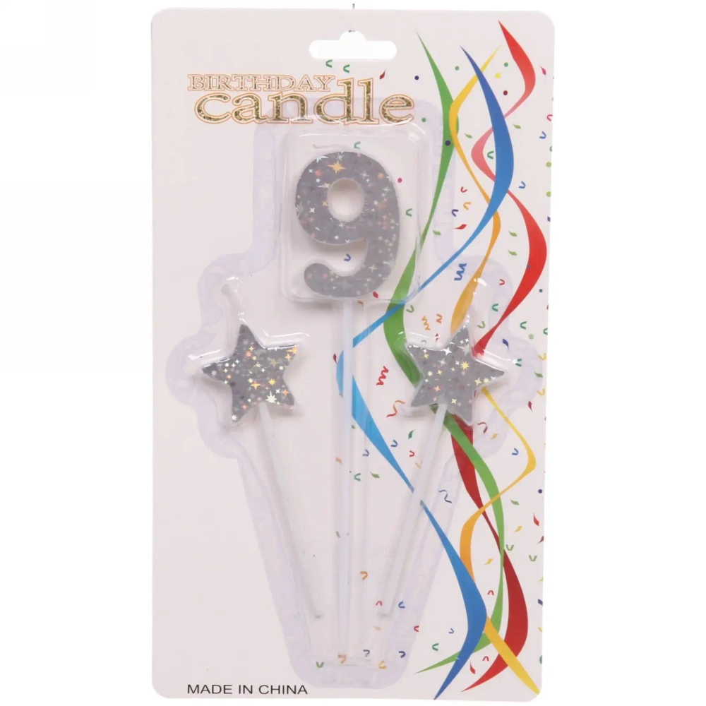Свеча для торта Цифра Звёздное сияние «9» 16 см (набор 3шт), серебро