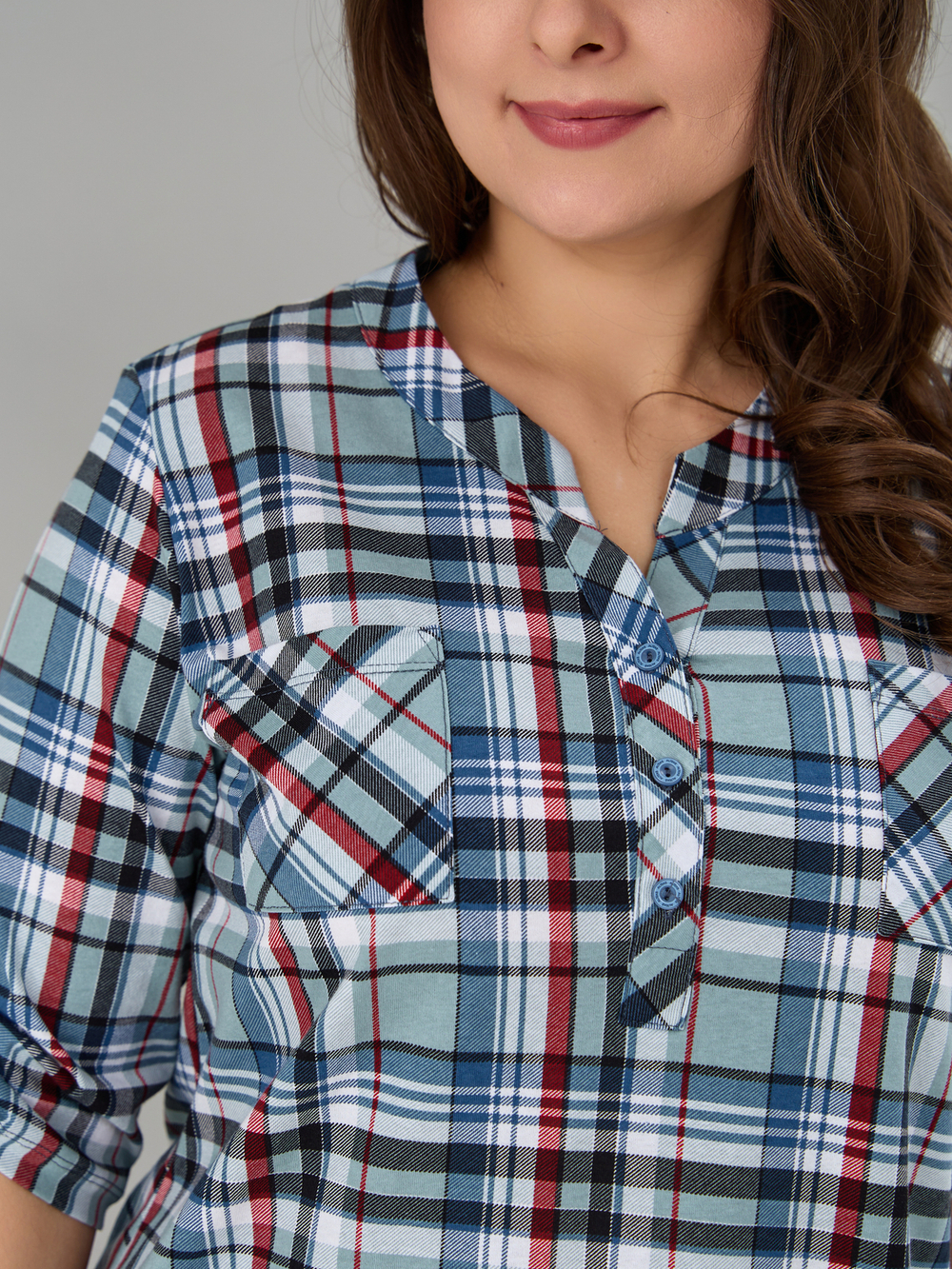 Блузка БЛ-131/клеткасерый-индигокрасный