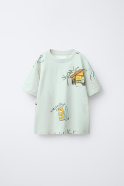 ZARA ФУТБОЛКА С ПРИНТОМ, НЕБЕСНО-ГОЛУБОЙ