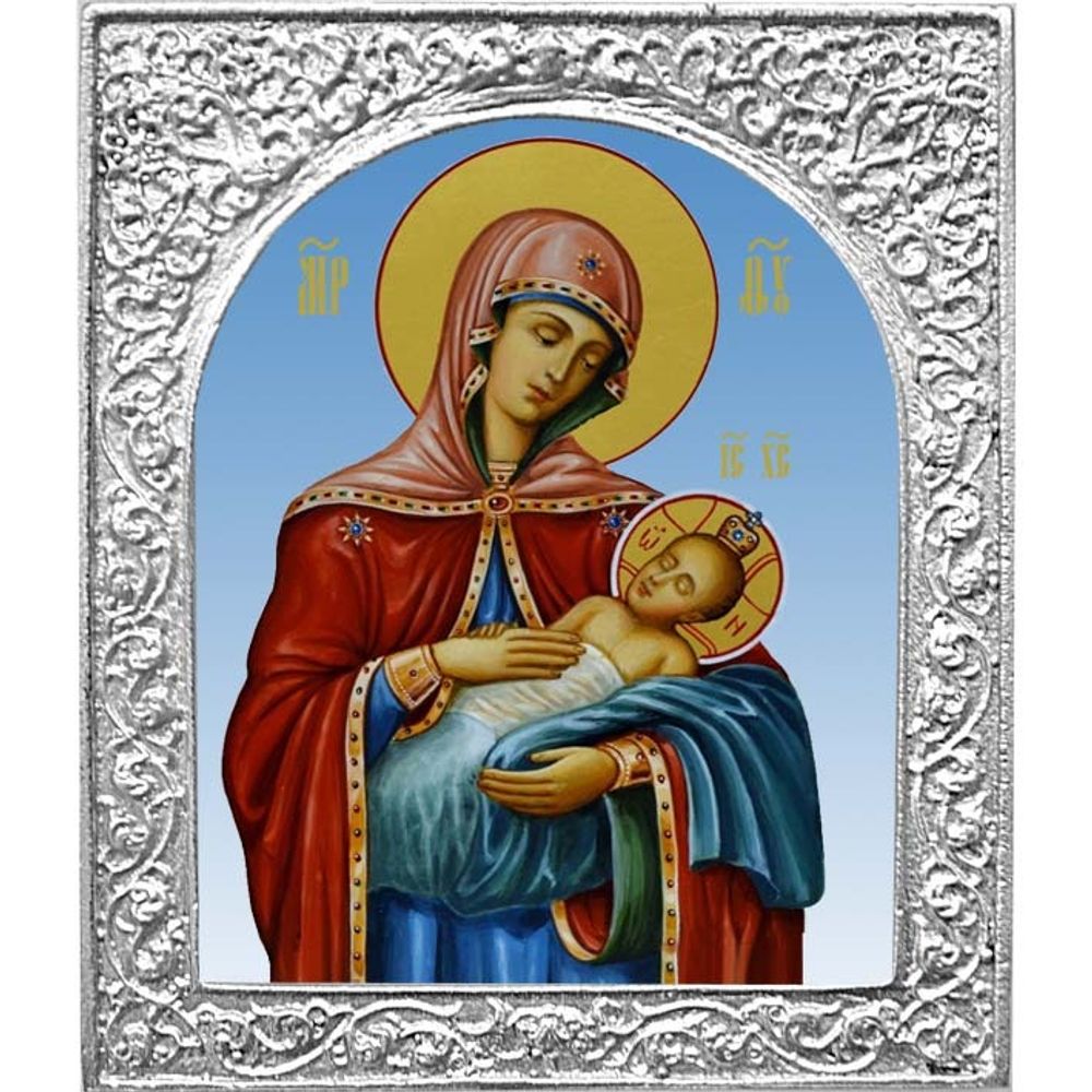 Успокоительница Божия Матерь. Маленькая икона в посеребренной раме.