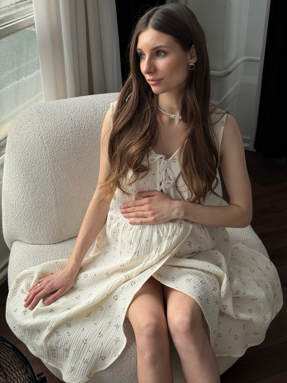 Платье на роды Благословение, Айвори с цветами