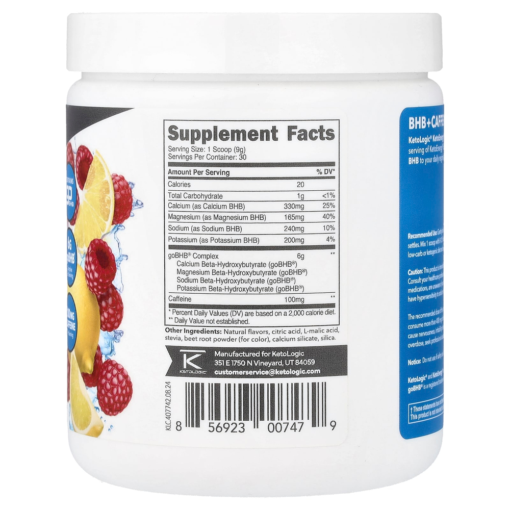 KetoLogic, Keto Energy, BHB с кофеином, со вкусом малинового лимонада, 270 г (9,6 унции)