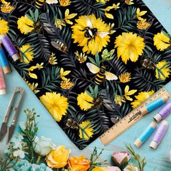 Ткань премиум Оксфорд 600D шмели на желтых цветах