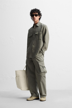 ZARA КУРТКА-РУБАШКА ИЗ 100% ЛЬНА, ТЕМНЫЙ ХАКИ