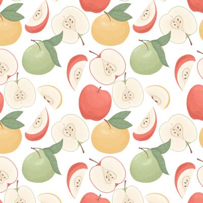 Яблочный паттерн.Яблочный паттерн. Красные, желтые и зеленые сочные яблоки. Летние фрукты на белом фоне.