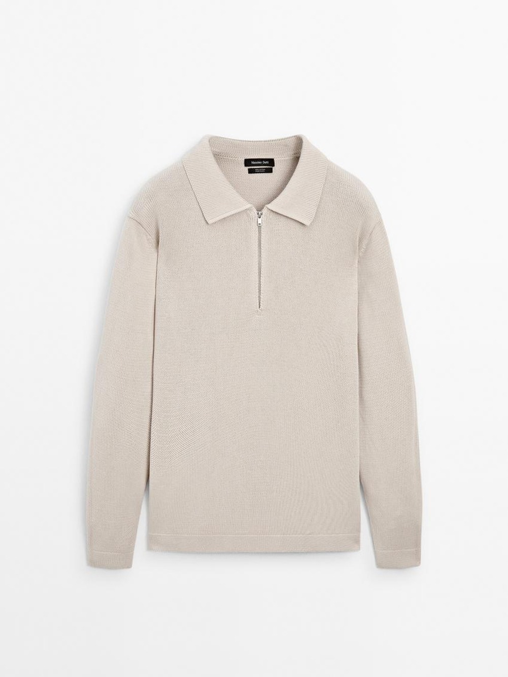 Massimo Dutti Трикотажный свитер с воротником поло на молнии, бежевый