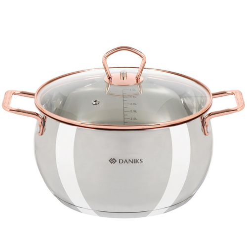 Кастрюля нерж, 4.5 л, крышка стекло, Daniks, Карлин, GS-01332G-22, индукц