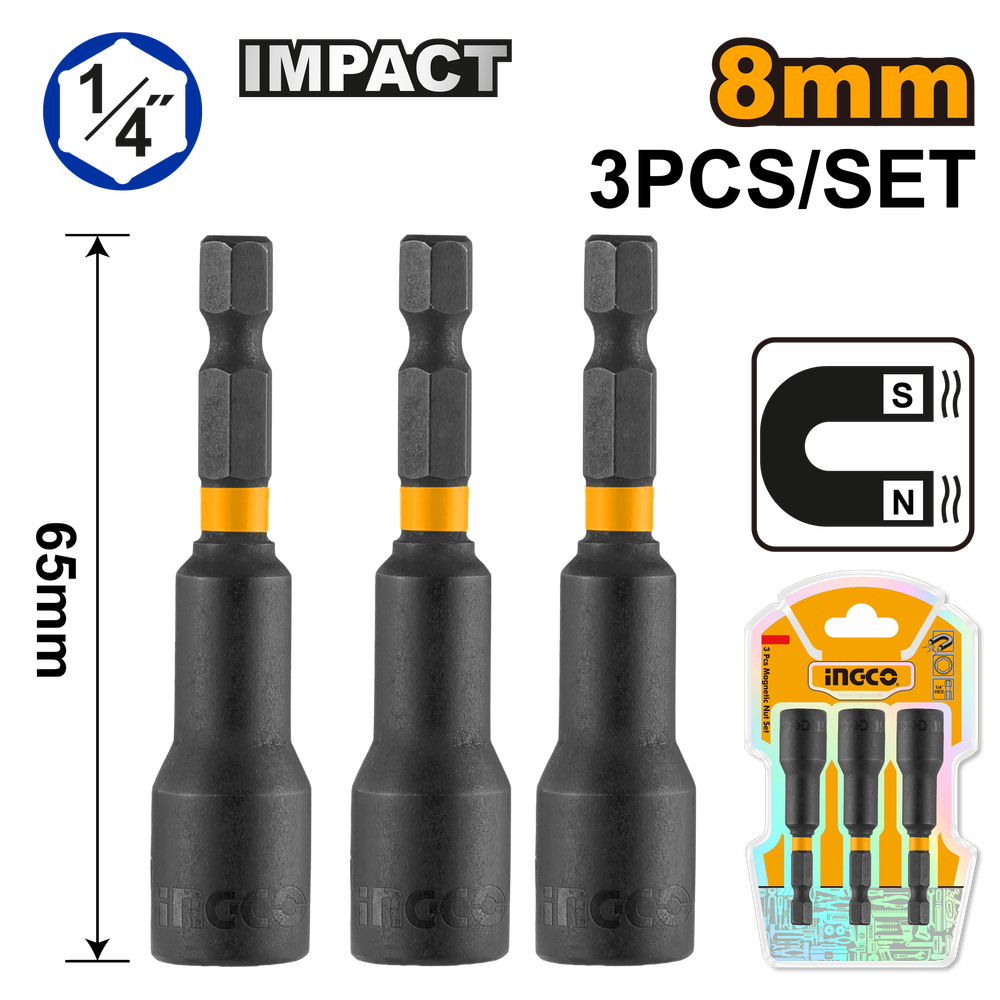 Набор магнитных торцевых головок INGCO AMN0831 1/4&quot; 8х65 мм 3 шт.