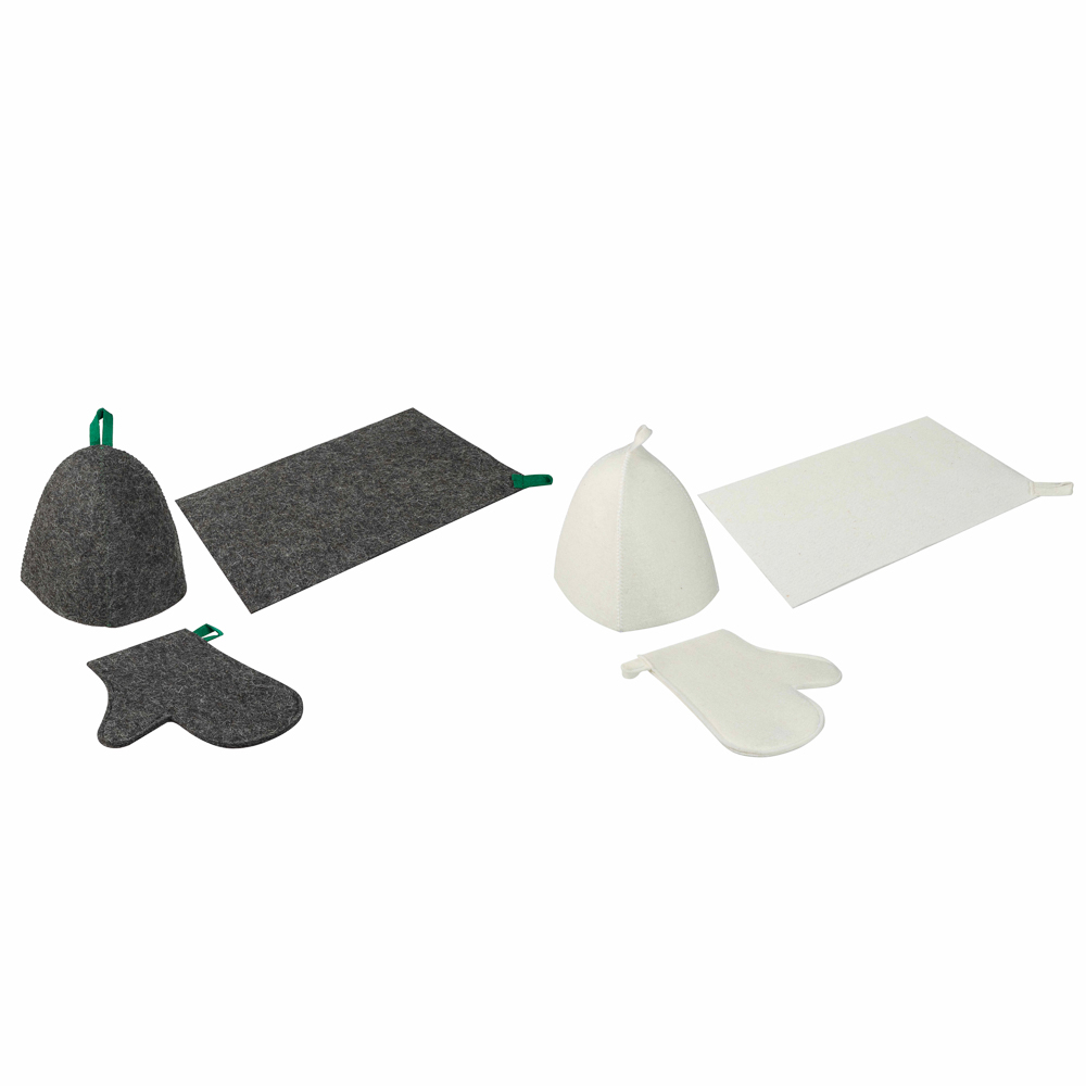 Набор банный ЭКОНОМ 3 предмета (шапка, коврик, рукавица) в пакете, войлок белый/серый