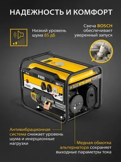 Генератор бензиновый DENZEL PS-28, 2.8 кВт и 212 см3 объем двигателя, 230 В, 15 л объем топливного бака, ручной стартер и блок AVR, 2 розетки 16 А и выход постоянного тока 12 В/USB 5В 946824