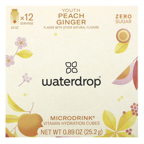 Waterdrop, Microdrink, витамины для восполнения потери жидкости, персик и имбирь, 12 кубиков, 25,2 г (0,89 унции)