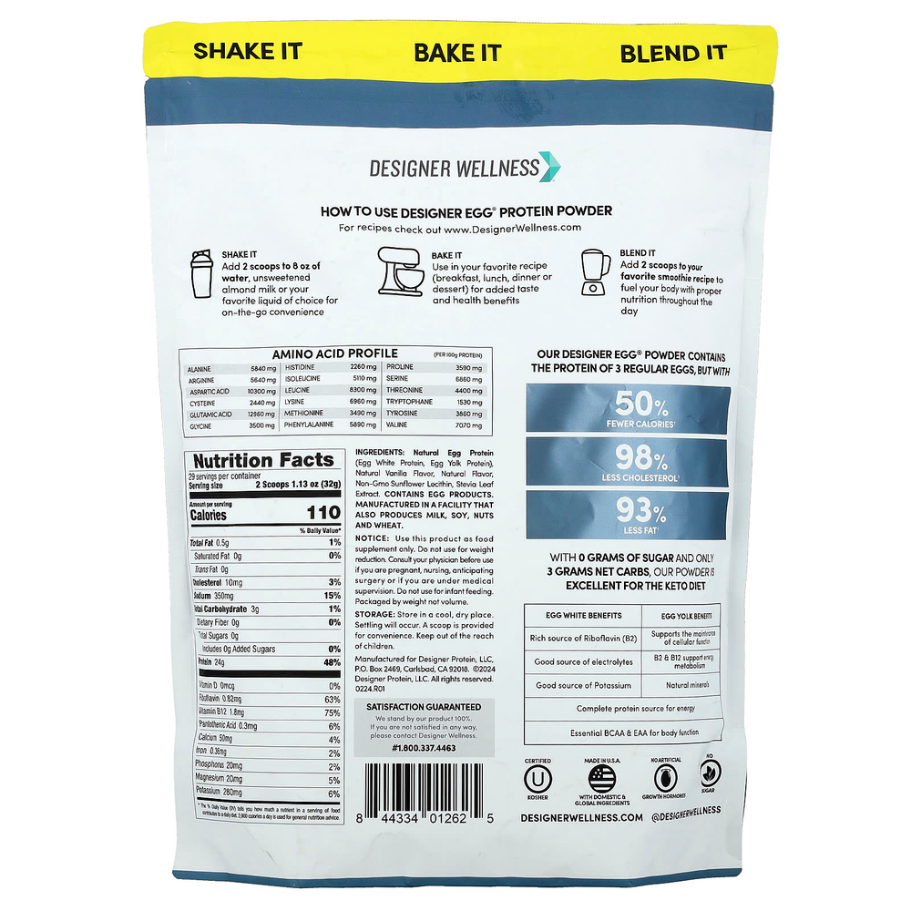 Designer Wellness, Designer Egg®, многофункциональный протеиновый порошок из цельного яйца, классическая ваниль, 704 г (1,55 фунта)