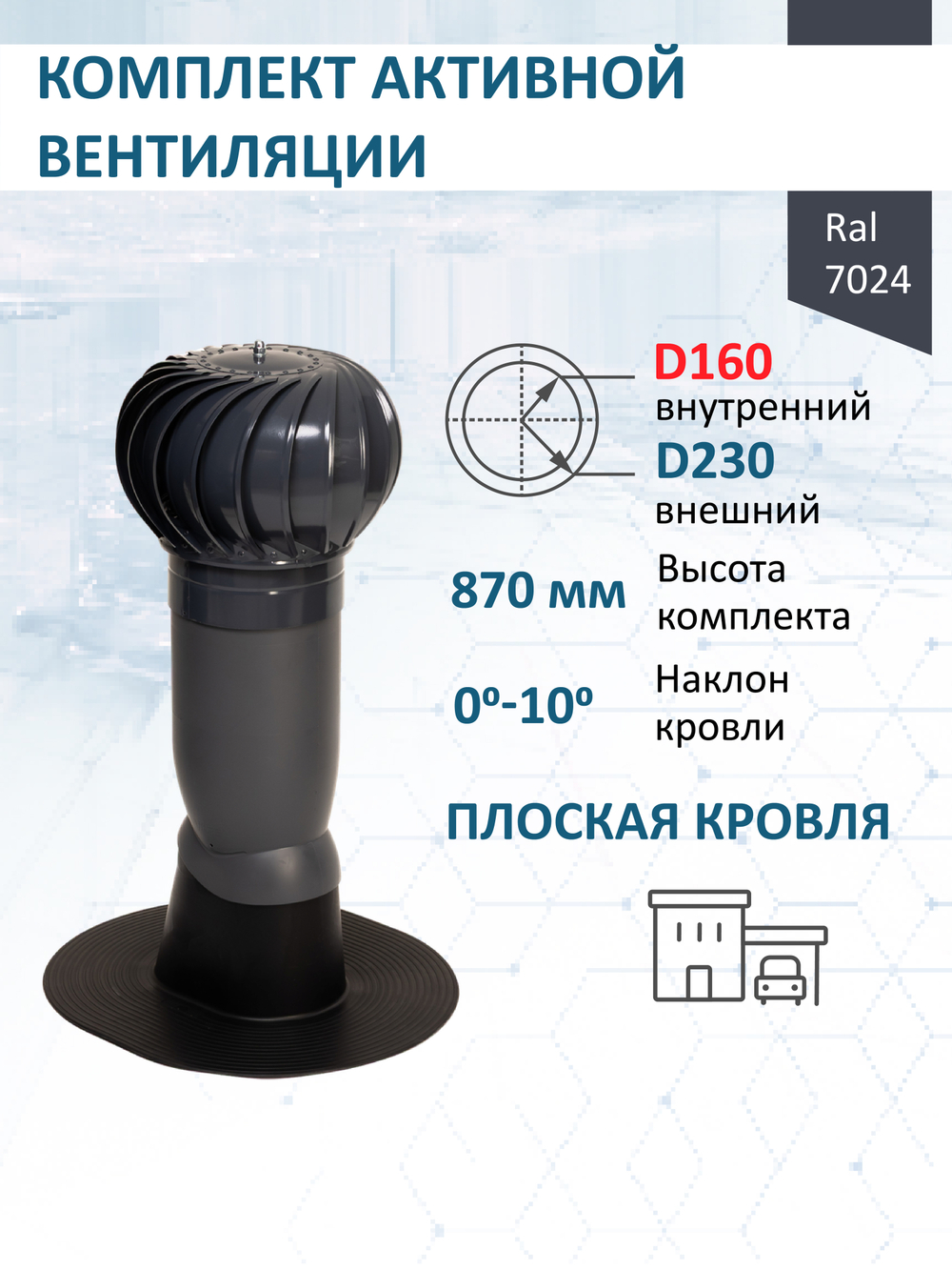 Комплект активной вентиляции: Вентиляционный выход изолированный Vilpe D160/225 утепленный высота H=500 мм, проходной элемент для плоской кровли ТП-187, турбодефлектор Ø 230 мм, серый графит