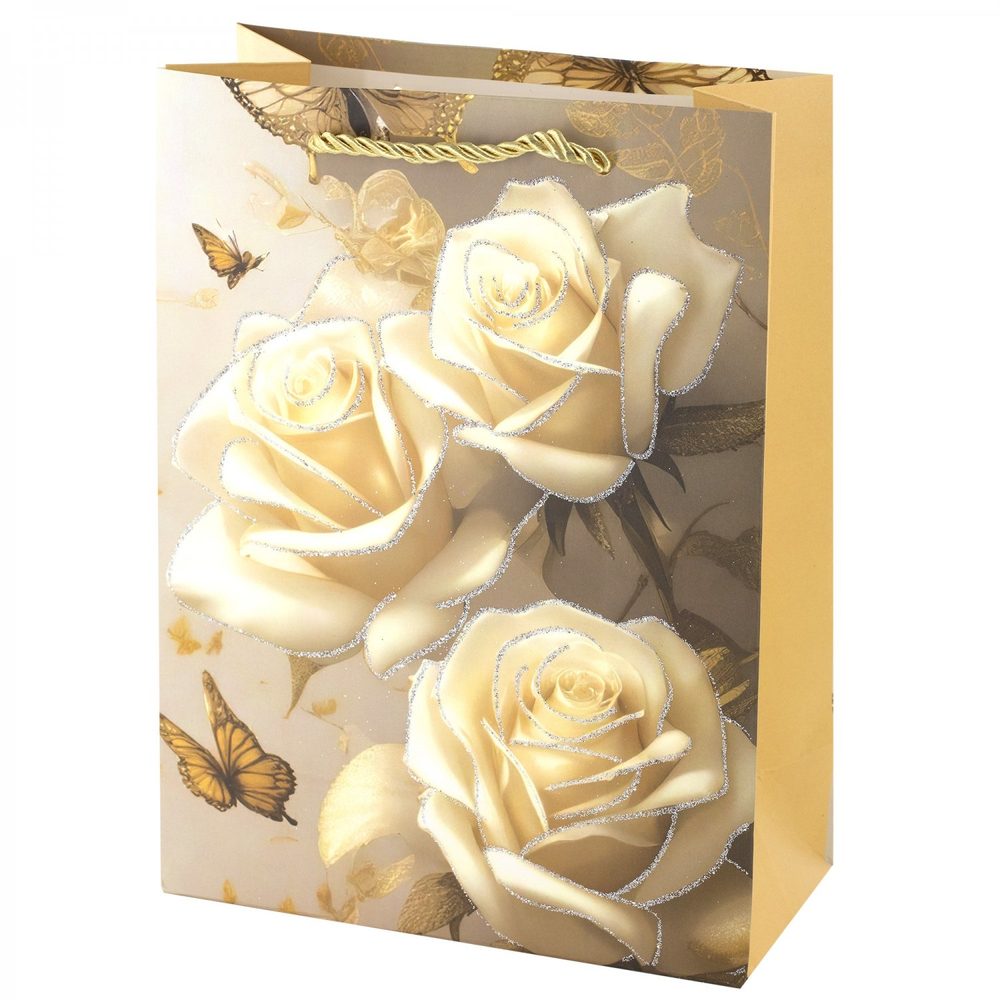 Пакет подарочный бумажный Alingar, (XL) 31х40х12 см, вертикальный, "Розы и бабочки", мат. ламинация, глиттер, ассорти