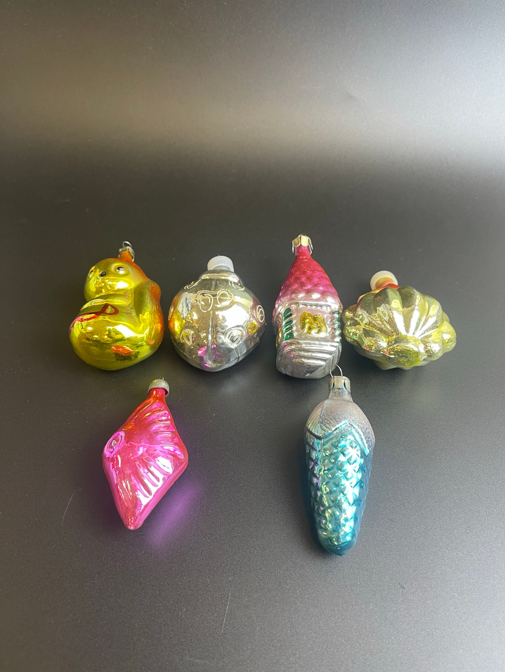 Ёлочные игрушки набор из 6 штук, стекло, Белочка, рыбка, подсолнух, изба с белкой Сказка о Царе Салтане и др, СССР 1960-1990 гг
