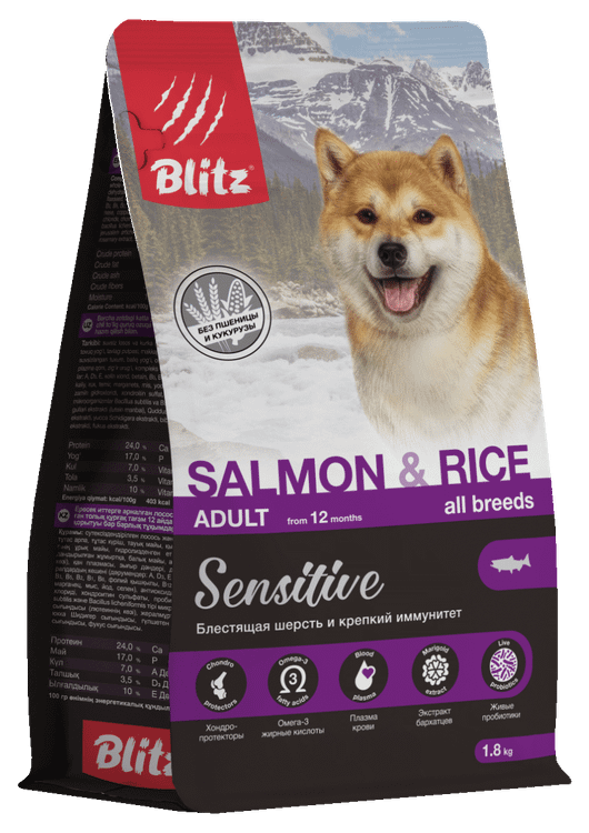 Сухой корм для взрослых собак всех пород Blitz Sensitive Salmon & Rice Adult Dog All Breeds лосось и рис, 1,8 кг