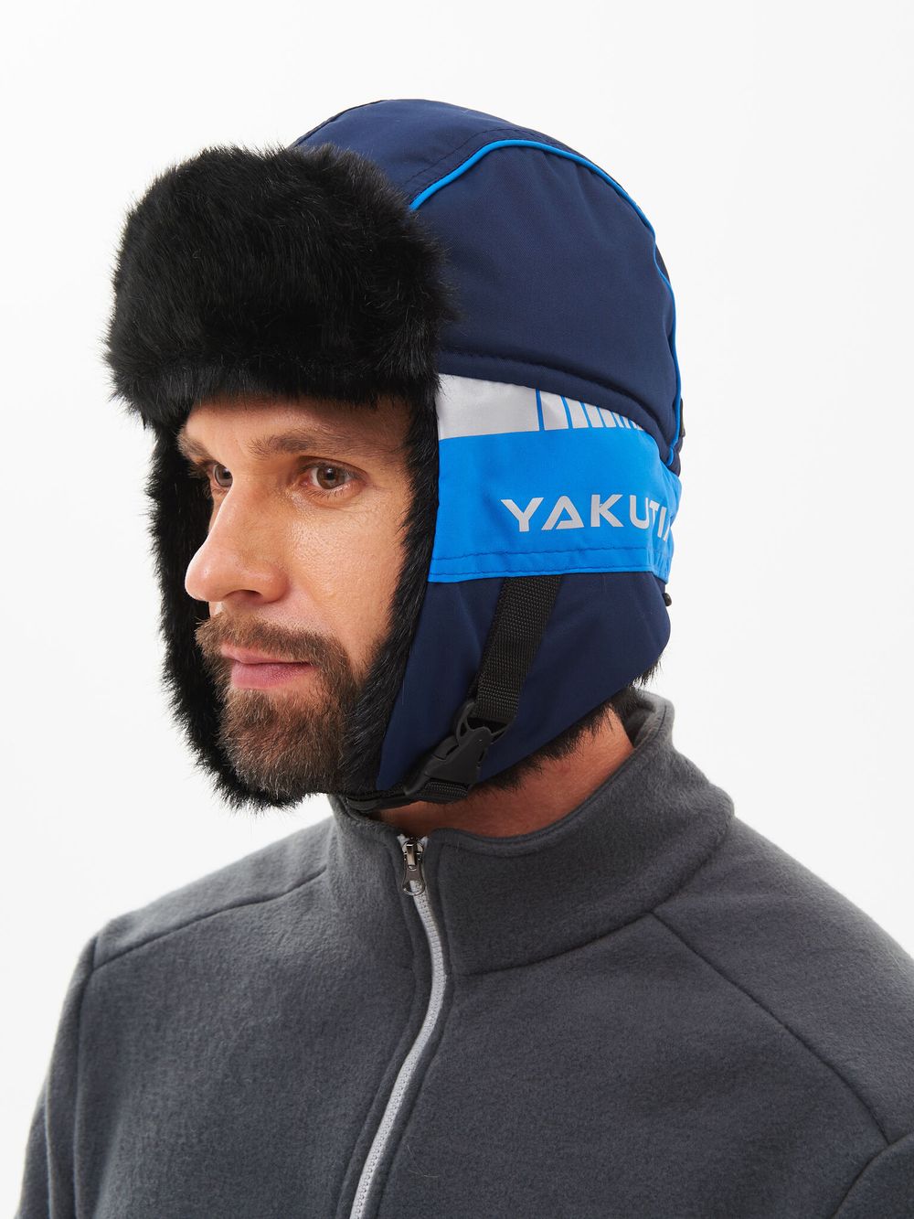 Шапка ушанка зимняя Yakutia цвет Тёмно-синий ткань Galaxy Breathable иск. мех Норка