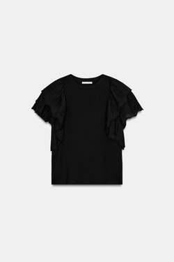 ZARA ФУТБОЛКА С ВОЛАНАМИ И КОРОТКИМИ РУКАВАМИ, ЧЕРНЫЙ