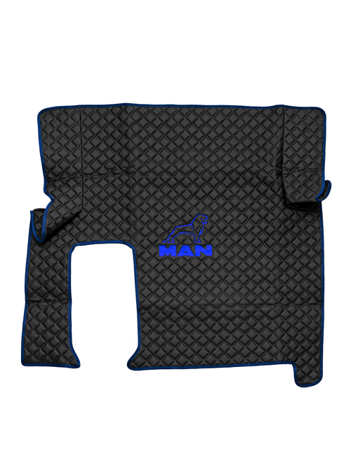 Ковры MAN TGX с 1-м ящиком (автомат) (экокожа, черный, синий кант, синяя вышивка)