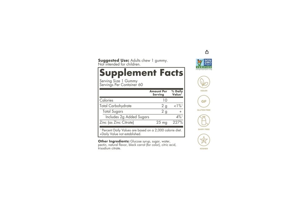 Solgar Zinc Gummies Витамин для взрослых с 25 мг сверхэффективного цитрата цинка для поддержки иммунитета — фруктовый вкус, веганские, кошерные и безглютеновые жевательные добавки для женщин и мужчин, 2 г сахара, 60 порций