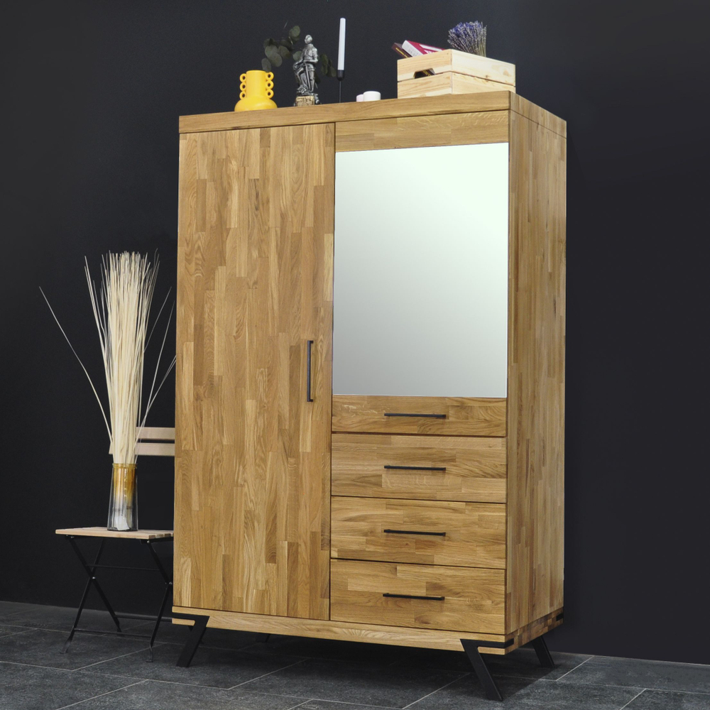 Шкаф для одежды, 120х62х190, Флеверс, с зеркалом и ящиками, распашной, из массива дуба, MAKOSA