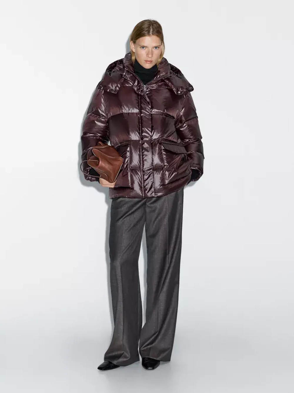 Massimo Dutti Короткая непромокаемая стеганая куртка с капюшоном, бордо