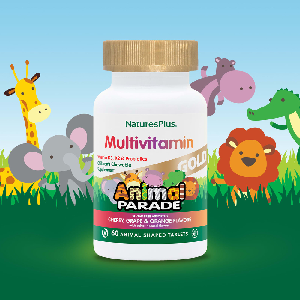 NaturesPlus, Animal Parade® Gold, жевательные мультивитамины для детей, со вкусом вишни, винограда и апельсина, 60 таблеток в форме животных