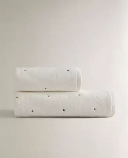 ZARA HOME ДЕТСКОЕ КУПАЛЬНОЕ ПОЛОТЕНЦЕ С ВЫШИВКОЙ «ЗВЕЗДЫ», ЖЕЛТОВАТО-БЕЛЫЙ
