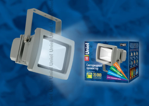 ULF-S01-10W/DW IP65 110-240В. Прожектор светодиодный. Корпус серый. Цвет свечения дневной белый. Картонная упаковка