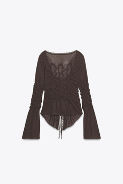 ZARA ТОП С ЗАВЯЗКАМИ И ЭЛАСТИЧНЫМИ СБОРКАМИ, КОРИЧНЕВЫЙ