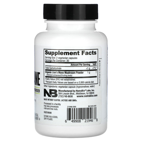 NutraBio, Органическая львиная грива, 60 капсул (0,5 г в 1 капсуле)