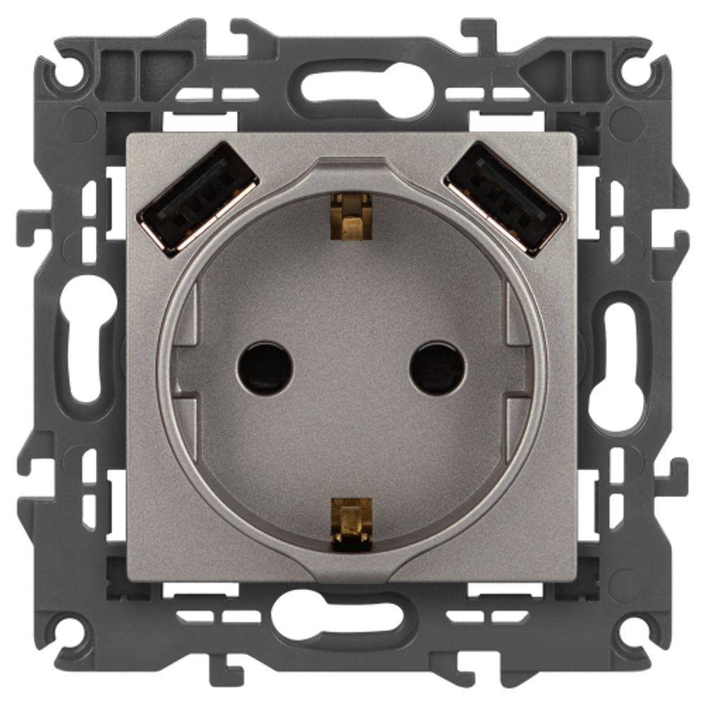 Розетка ЭРА Elegance 14-4109-16 2P+E 16A-250В, штор. с 2xUSB 5В-3А, титан