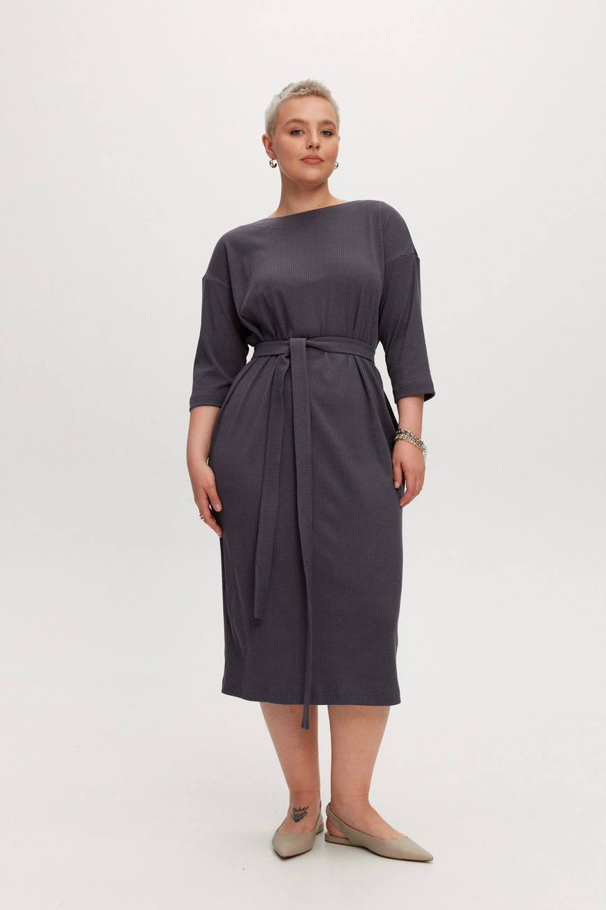 Платье трикотажное, в рубчик, графит