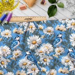 Ткань премиум таффета птицы в ромашках на голубом