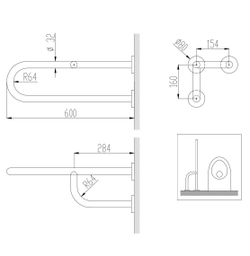 Поручень полукруглый неподвижный с 3 точками опоры Nofer  600 мм с антибактериальным покрытием белый левый 15048.WB схема