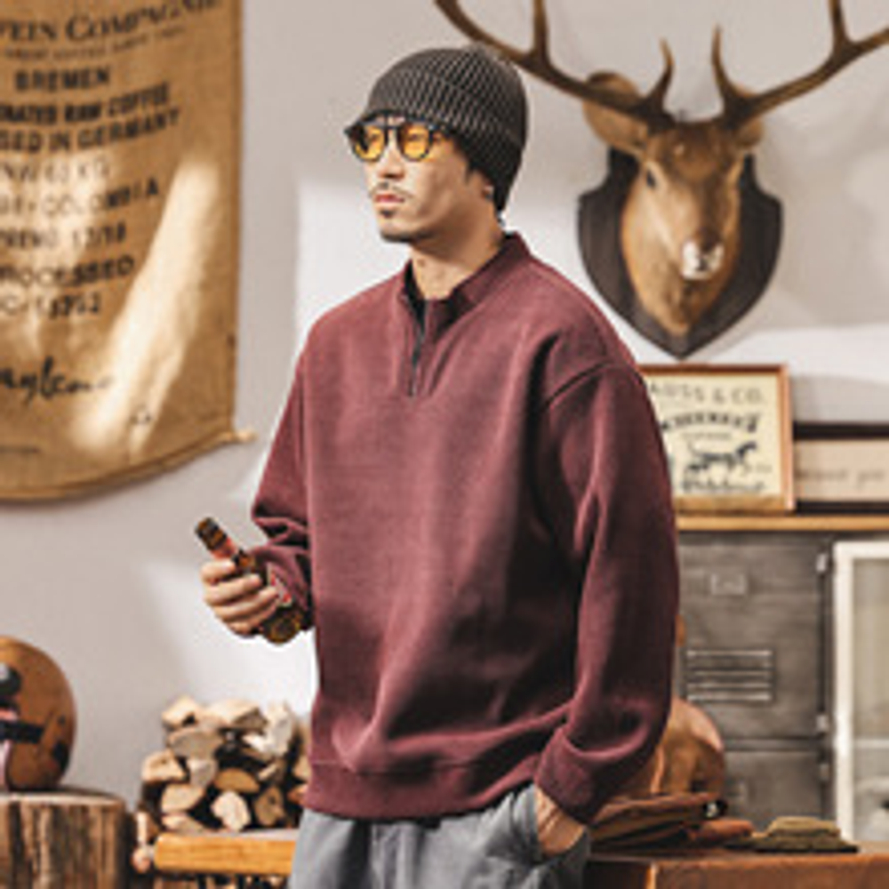 Американский ретро свитшот с полугольфом на молнии, весенне-осенний, новый, с воротником-стойкой, свободный, модный, повседневный мужской куртка