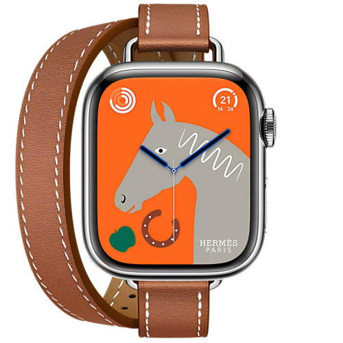 Apple Watch Series 9 Hermes 41mm, двойной тонкий кожаный ремешок коричневого цвета