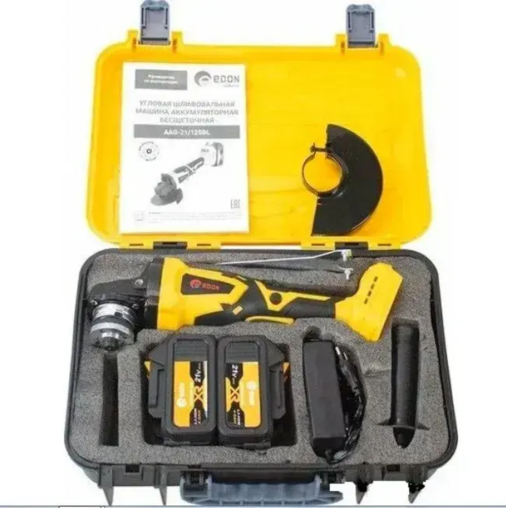 Болгарка аккумуляторная Edon AAG-21/125BL угловая шлифмашина 25093 УШМ 2 акк 21В; 4,0Ач; Li-Ion; 125мм; 9000об/мин; М14