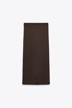 ZARA ДЛИННАЯ ТРИКОТАЖНАЯ ЮБКА С УЗОРНОЙ ВЯЗКОЙ, ШОКОЛАДНЫЙ