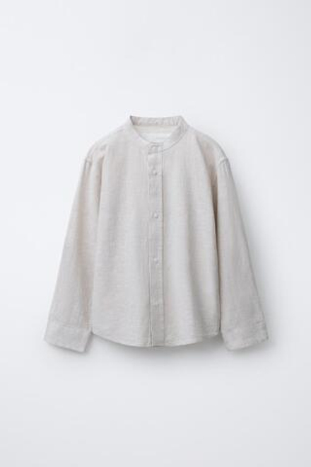 ZARA РУБАШКА С ВОРОТНИКОМ-СТОЙКОЙ, СВЕТЛО-БЕЖЕВЫЙ