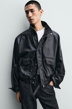 ZARA УКОРОЧЕННАЯ КУРТКА ИЗ ИСКУССТВЕННОЙ КОЖИ, ЧЕРНЫЙ