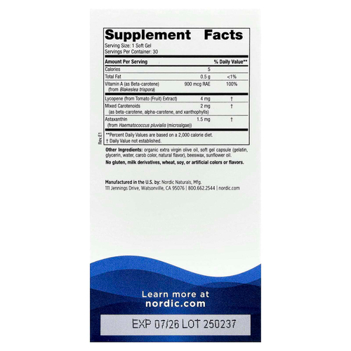 Nordic Naturals, Витамин A + каротиноиды, 30 мягких таблеток