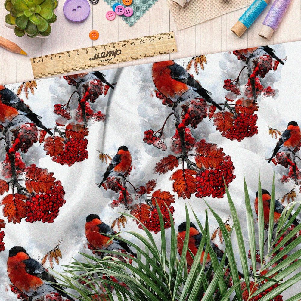 Ткань бифлекс снегири на рябине