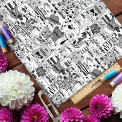 Ткань бифлекс бело-серые коты из мультиков