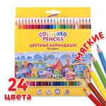 Карандаши цветные ЮНЛАНДИЯ "ДОМИКИ", 24 цвета, пластиковые, классические, грифель мягкий 3 мм, 181838