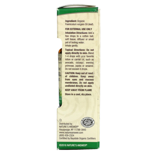 Nature's Answer, на 100% чистое органическое эфирное масло, фенхель, 15 мл (0,5 жидк. унции)