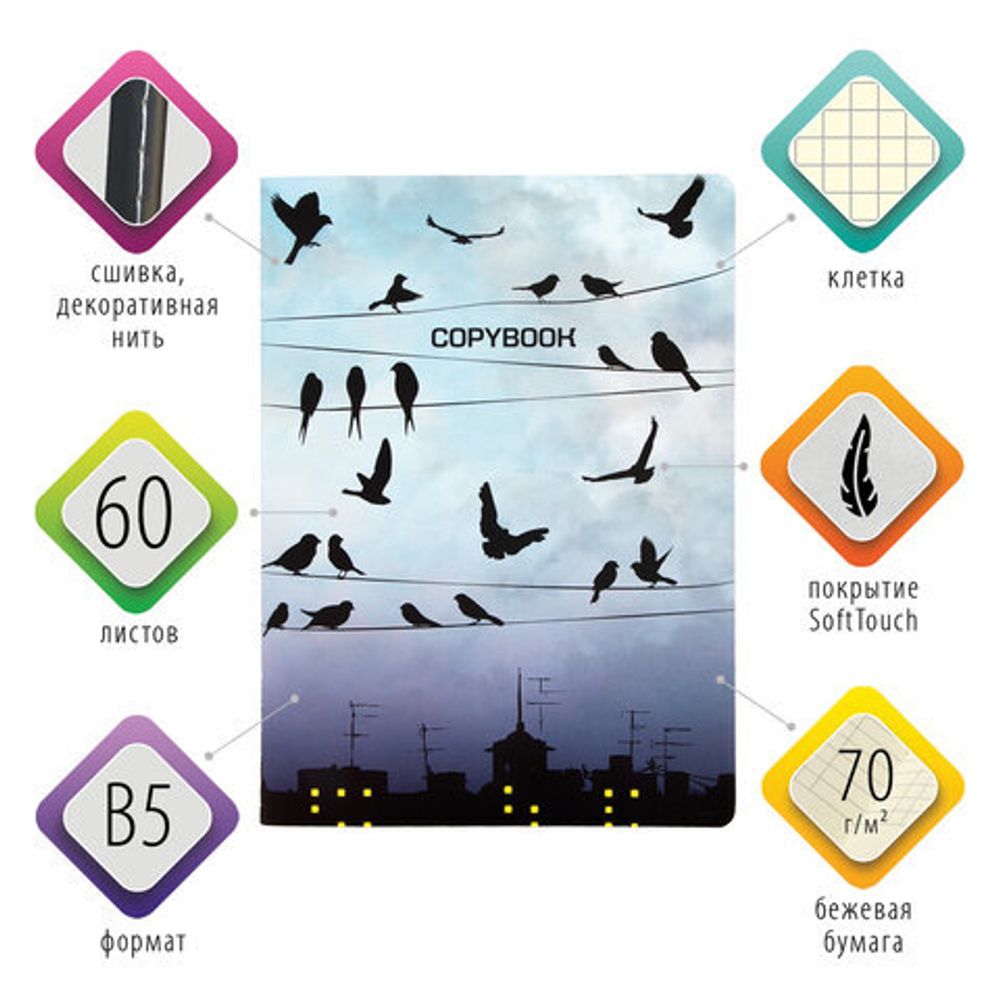 Тетрадь 60 л. в клетку обложка SoftTouch, бежевая бумага 70 г/м2, сшивка, В5 (179х250 мм), ТУМАН, BRAUBERG, 1403819